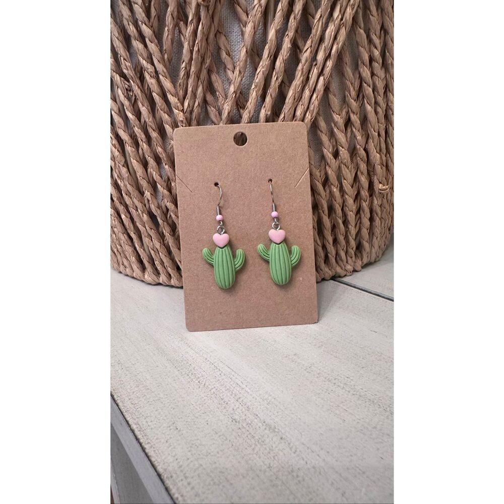 Cactus Succulent Love Dangle Drop Green & Pink Earrings